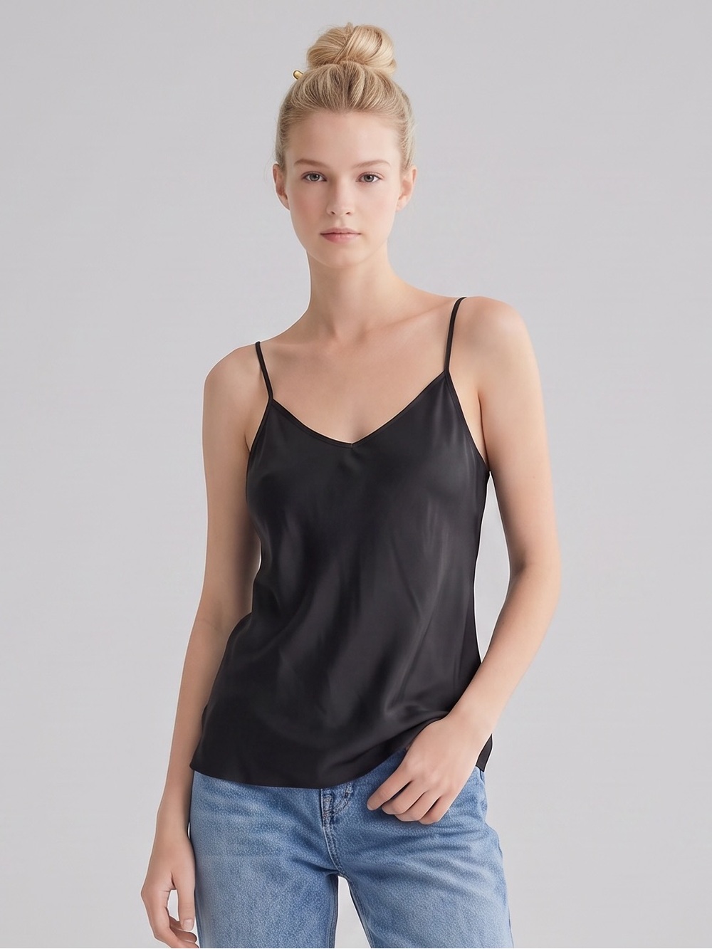 J. Crew Silk-Look Black Spaghetti Strap Cami Top. Staples. Minimalist. Basics.